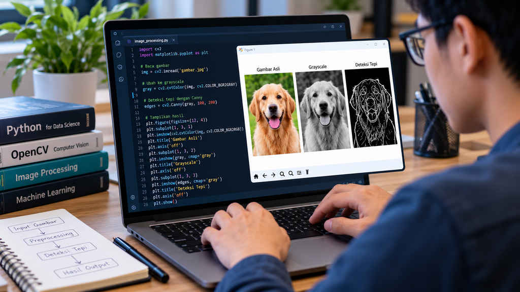 Contoh pengolahan citra digital menggunakan Python dan OpenCV untuk mengubah gambar menjadi grayscale dan mendeteksi tepi objek